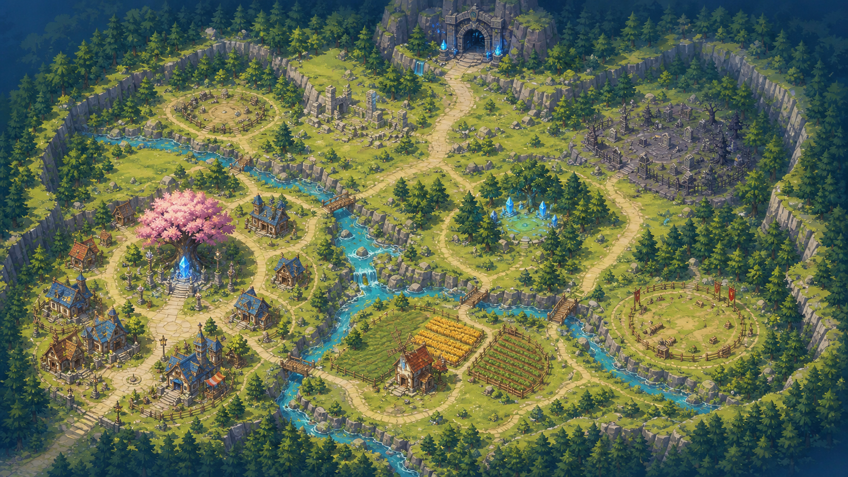 Concept art of a MMORPG starter village